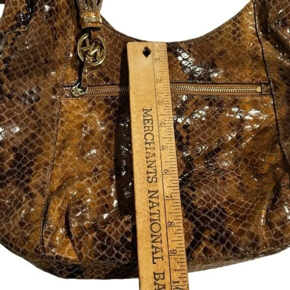 Michael Kors Hobo Purse Handbag Leather Snake Print Brown Y2K Tassle Crossbody